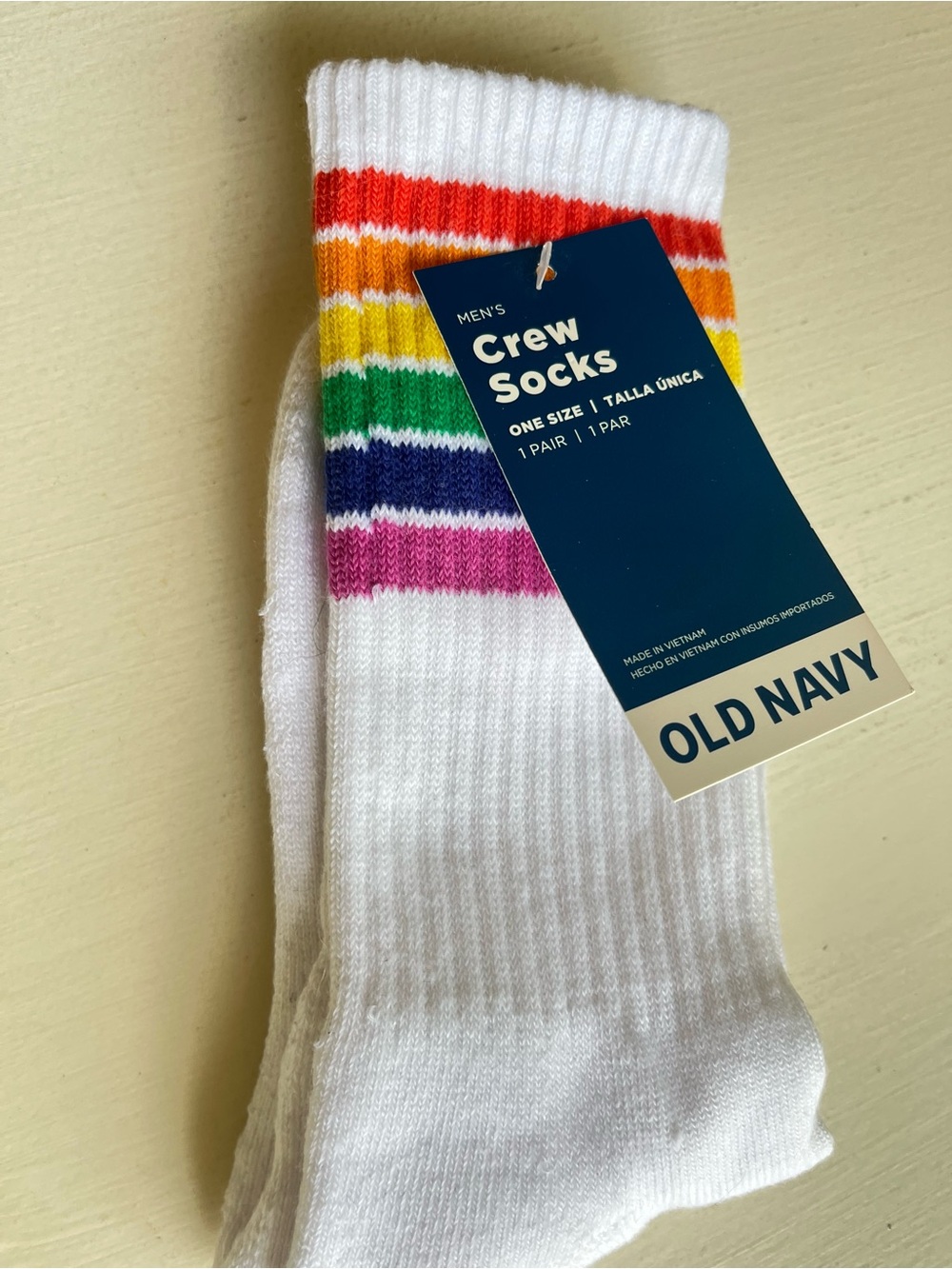 Old Navy White Crew Socks with Rainbow Stripe Bands